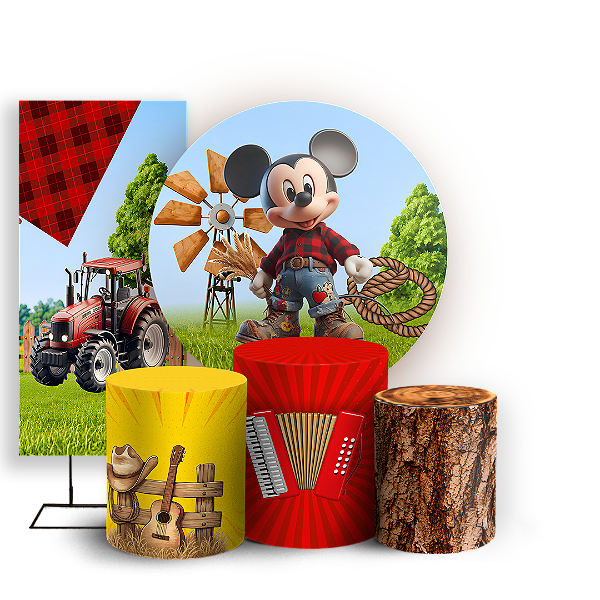 Capas Painel Redondo Trio Cilindro e Faixa Lateral Sublimado - Fazendinha Mickey e Minnie