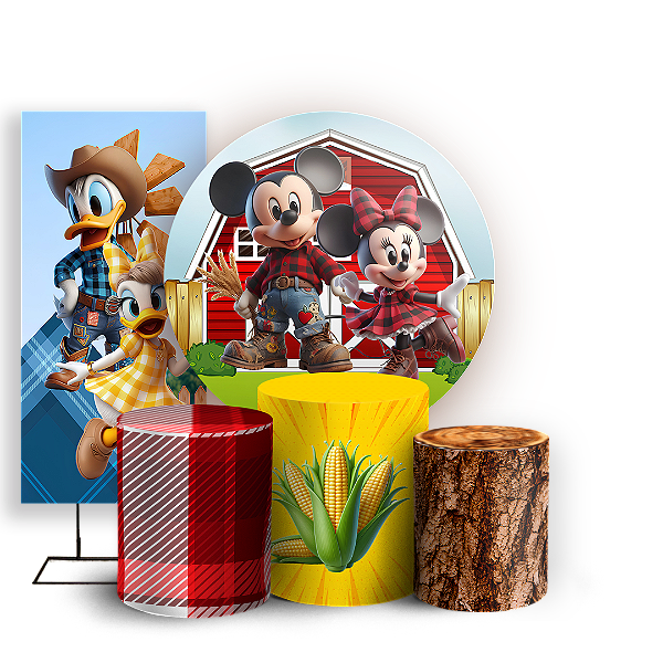Capas Painel Redondo Trio Cilindro e Faixa Lateral Sublimado - Fazendinha Mickey e Minnie
