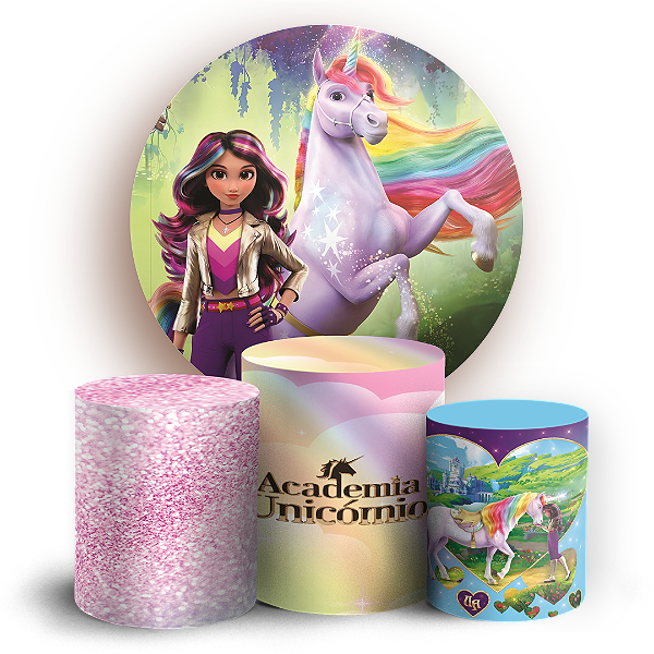 Capas Painel Redondo e Trio Cilindro Sublimado - Academia Unicornio