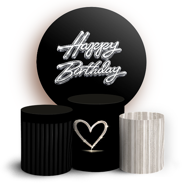 Capas Painel Redondo e Trio Cilindro Sublimado - Happy Birthday Preto