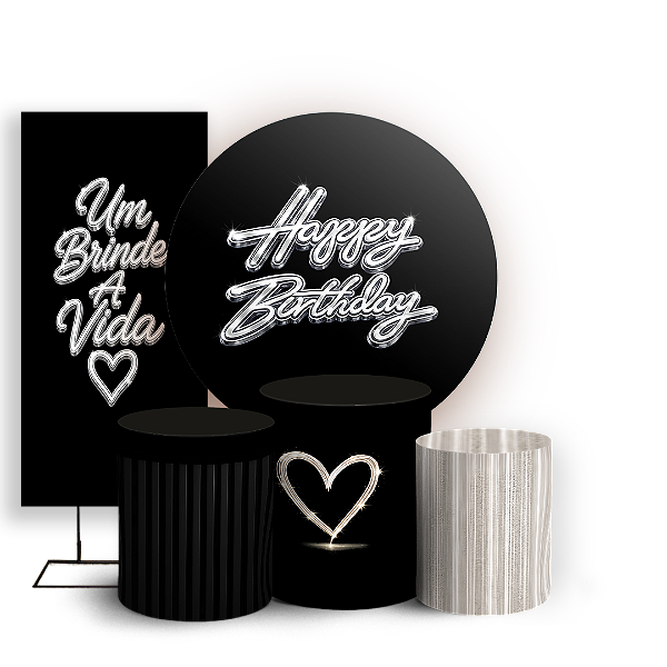Capas Painel Redondo Trio Cilindro e Faixa Lateral Sublimado - Happy Birthday Preto