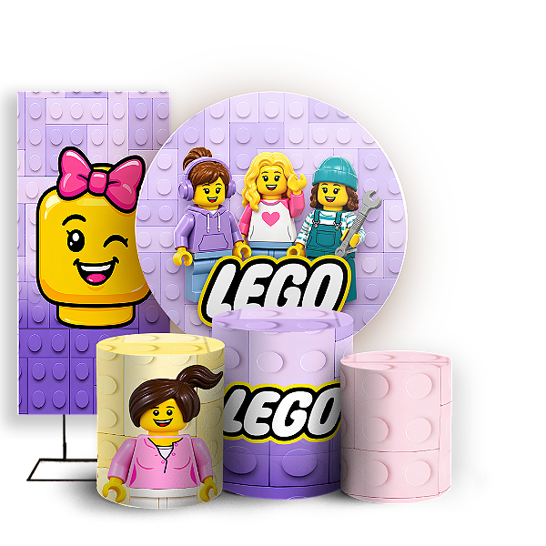 Capas Painel Redondo Trio Cilindro e Faixa Lateral Sublimado - Lego Rosa