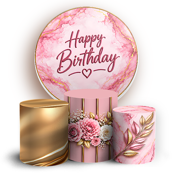 Capas Painel Redondo e Trio Cilindro Sublimado - Happy Birthday