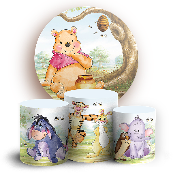 Capas Painel Redondo e Trio Cilindro Sublimado - Ursinho Pooh Aquarela