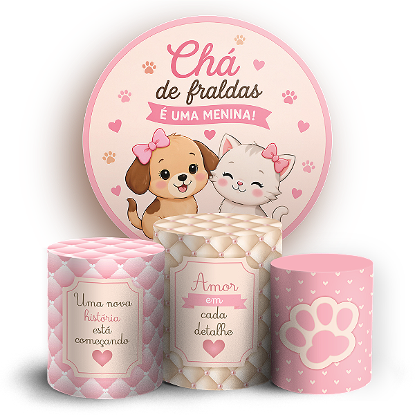 Capas Painel Redondo e Trio Cilindro Sublimado - Chá de Fraldas - Cachorro e Gato
