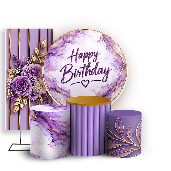 Capas Painel Redondo Trio Cilindro e Faixa Lateral Sublimado - Happy Birthday