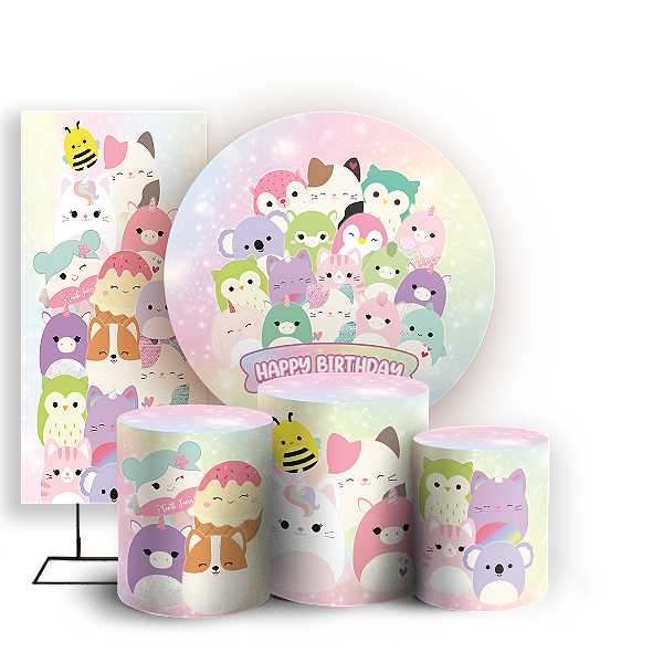 Capas Painel Redondo Trio Cilindro e Faixa Lateral Sublimado - Squishmallow