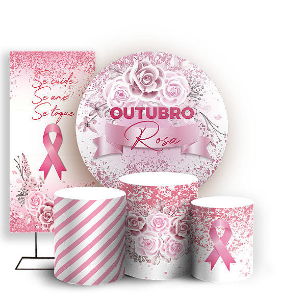 Capas Painel Redondo Trio Cilindro e Faixa Lateral Sublimado - Outubro Rosa