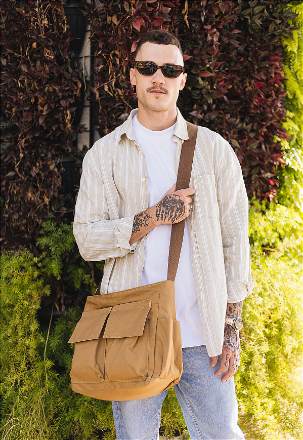 Bolsa Tote Bag Tiracolo de Lona Tamanho Grande Caqui A023