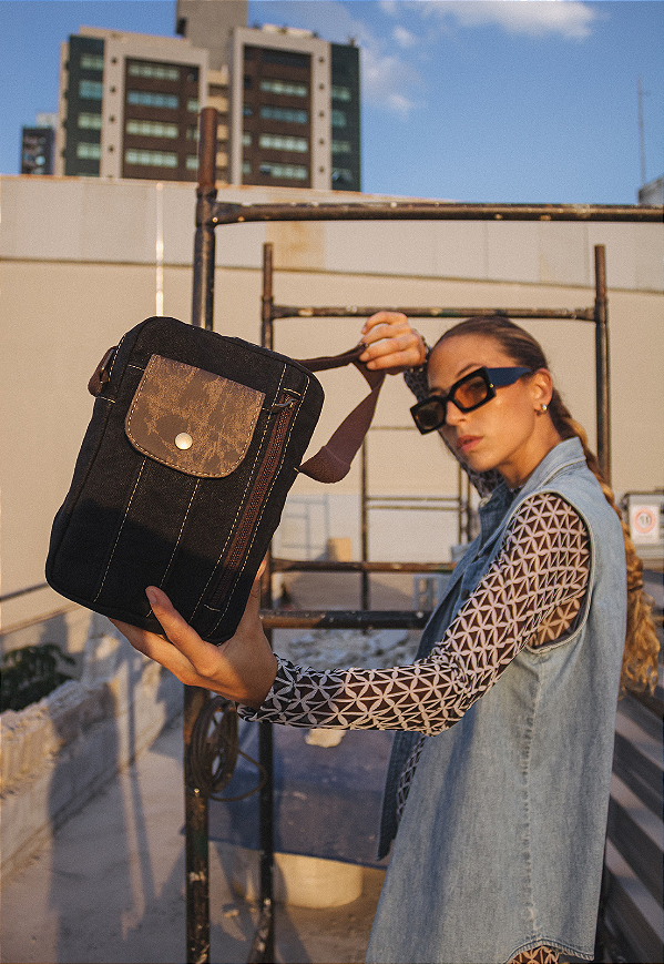 Shoulder Bag Bolsa Transversal Lona Preta A022