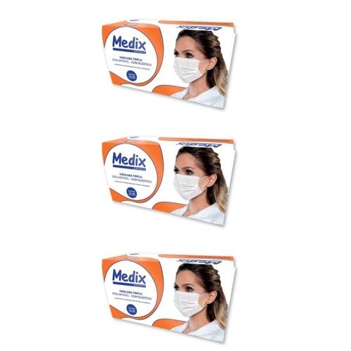 Kit C/3 Caixas de Máscara Cirúrgica Tripla Branca C/ Elástico -Medix
