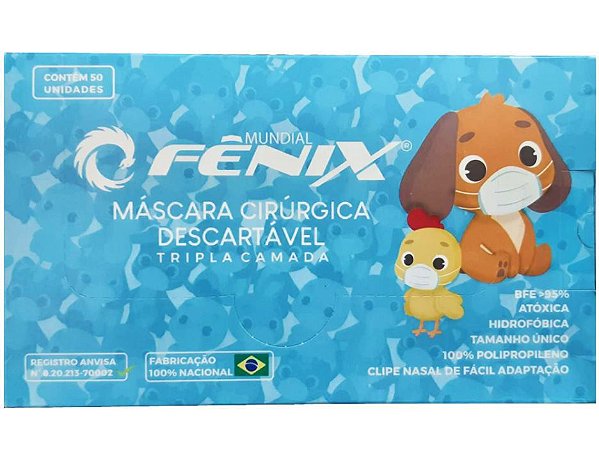 Máscara Cirúrgica Tripla Infantil Azul C/ Elástico CX C/50 UN - Fenix