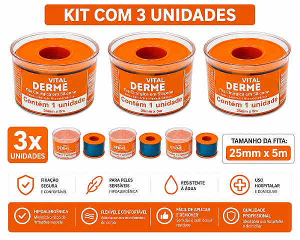 Kit C/3 Rolos de Fita Cirúrgica De Silicone 2,5cm x 5 metros (Cicatriz e Queloide) - Vital Derme