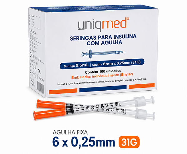 Caixa C/100 Seringas para Insulina 0,5ml (50UI) Com Agulha Fixa 6x0,25mm Blister - Uniqmed