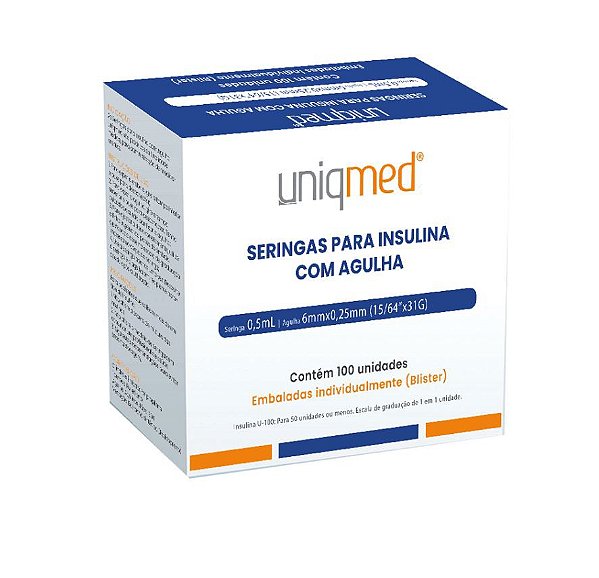 Caixa C/100 Seringas para Insulina 0,5ml Com Agulha Fixa 6x0,25mm Blister - Uniqmed