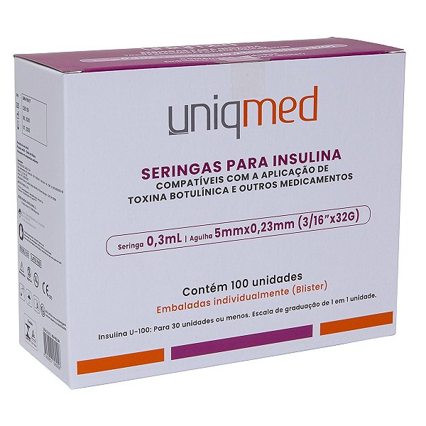Caixa C/100 Seringas para Insulina 0,3mL (30UI) Agulha Fixa 5x0,23mm Blister - Uniqmed