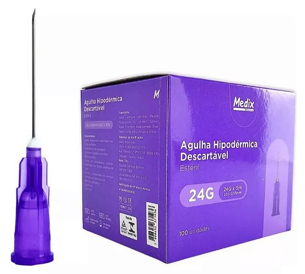 Agulha Hipodérmica Descartável 20x0,55mm 24g (Roxa) Caixa C/100 - Medix