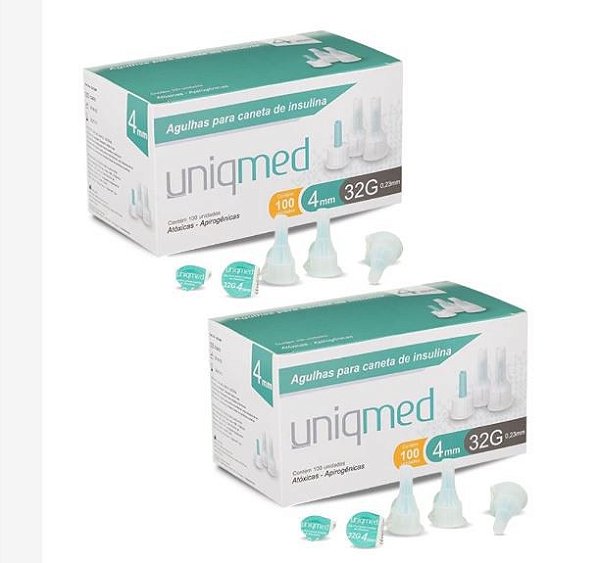Kit 2 Caixas Agulhas para Caneta de Insulina 4mm x 32G Caixa C/100 Unidades - Uniqmed