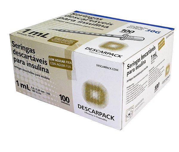 Caixa C/100 Unidades de Seringas de Insulina 1ml C/ Agulha 8,0 x 0,30mm 30g - Descarpack