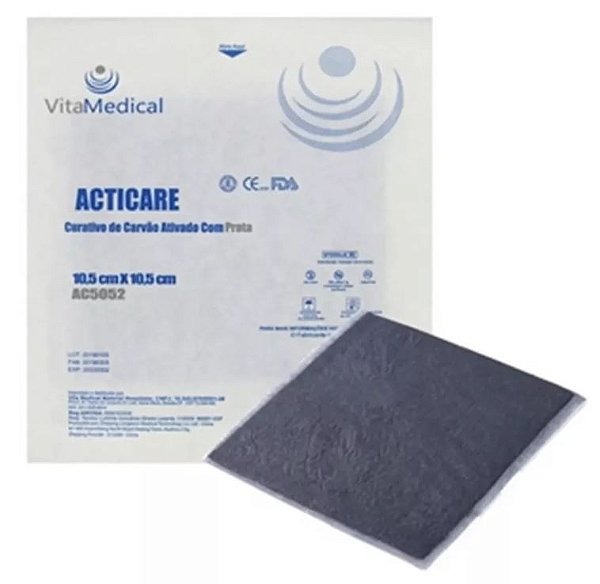 Curativo de Carvão Ativado Com Prata 10,5cm x 10,5cm Acticare Ag Caixa C/10 Unidades - Vital Medical