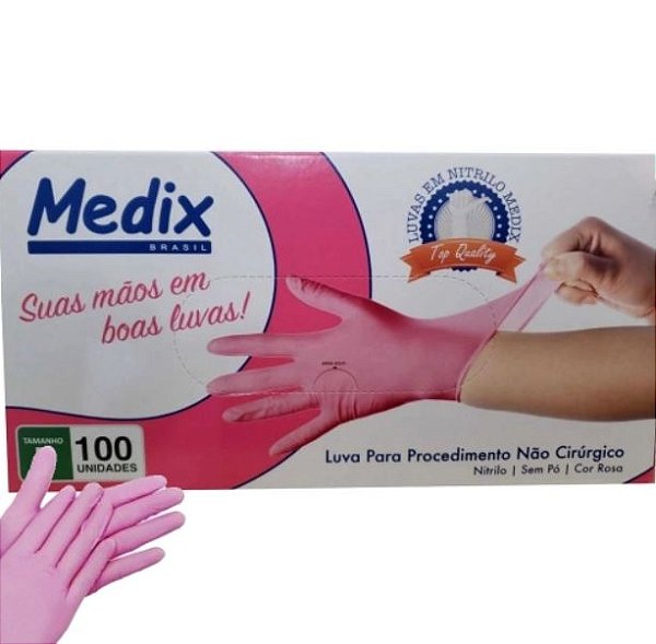 Luva de Procedimento Nitrílica Rosa S/Pó C/100 Unidades Tam P - Medix