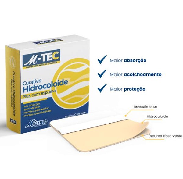 Curativo Hidrocoloide Plus C/ Espuma 10 x 10cm M-Tec Caixa C/10 Unidades - Missner