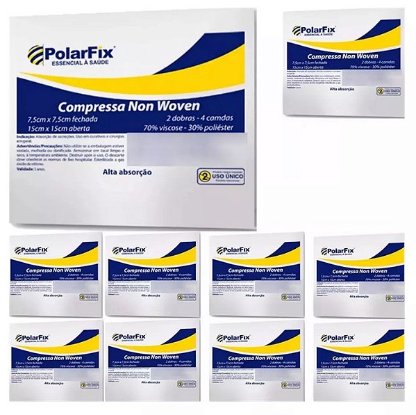 Kit 10 unidades Compressa de Gaze 7,5 x 7,5cm Não Tecido (Non Woven) Estéril - Polar Fix