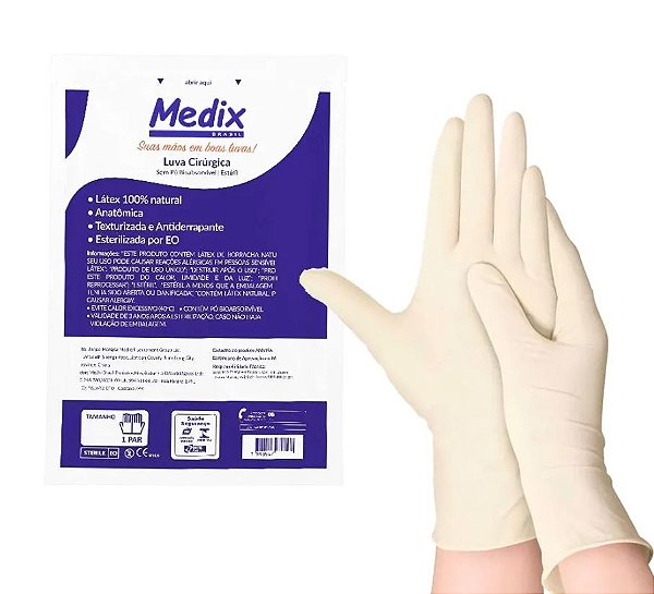 Kit 10 Pares de Luva Látex Cirúrgica 7,0 Estéril Com Pó - Medix