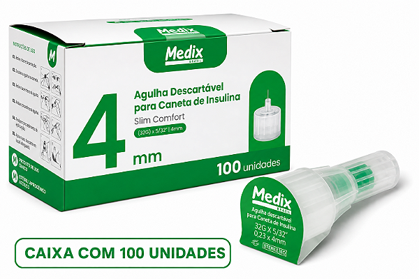 Caixa C/100 Agulhas para Caneta de Insulina 4mm x 32G (Ultra Fina) - Medix