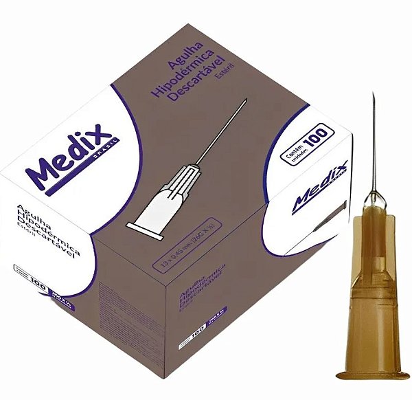 Agulha Hipodérmica Descartável 13 x 0,45mm 26g (Marrom) Caixa C/100 - Medix