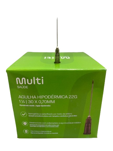Agulha Descartável 30 x 0,70mm (22g Cinza) Caixa C/100 Unidades - Multilaser