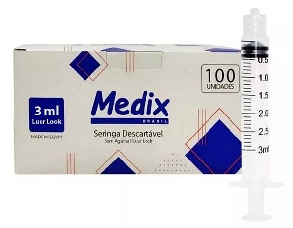 Seringa Descartável 3ml Luer Lock (Rosca) Estéril Caixa C/100Unidades - Medix