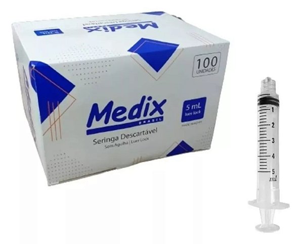 Seringa Descartável 5ml Luer Lock (Rosca) Estéril C/100 Unidades - Medix