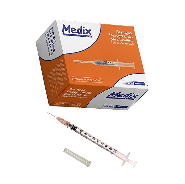 Caixa C/100 Unidades Seringas de Insulina 1ml C/Agulha 13x0,45mm Removível - Medix