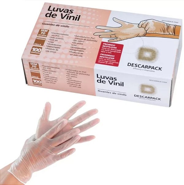 Luva de Vinil Sem Pó Tamanho P Caixa C/100 Unidades - Descarpack