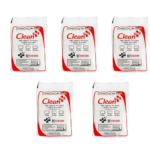 Kit C/5 Pacotes de Compressa de Gaze Não Estéril 13 Fios 100gramas cada - SP Marcas