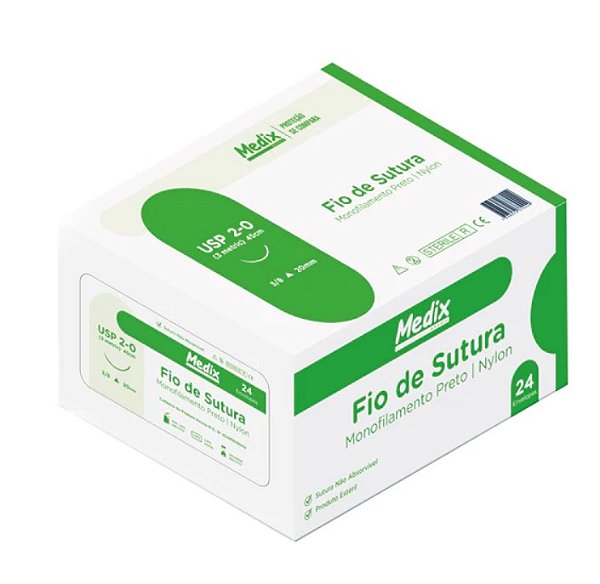 Fio de Sutura Nylon USP 2-0 45cm C/ Agulha 3/8 20mm Caixa com 24 Unidades - Medix