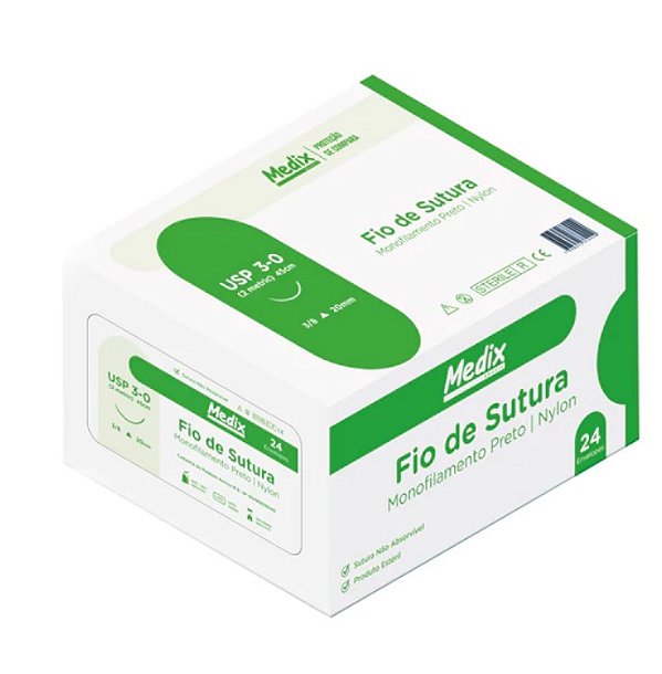 Fio de Sutura Nylon USP 3-0 45cm C/ Agulha 3/8 20mm Caixa com 24 Unidades - Medix