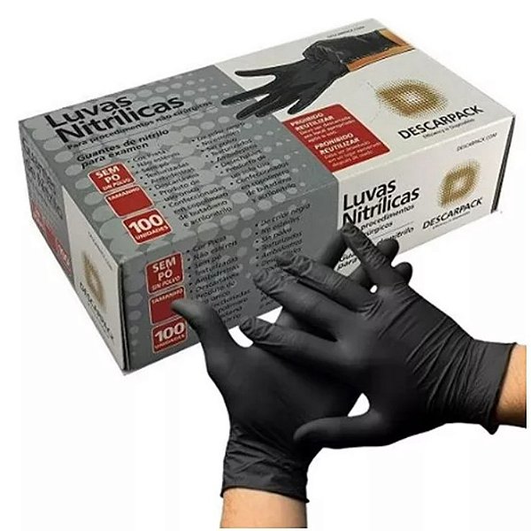 Luva de Procedimento Nitrílica Preta (Tam: M) S/Pó Caixa C/100 unidades - Descarpack