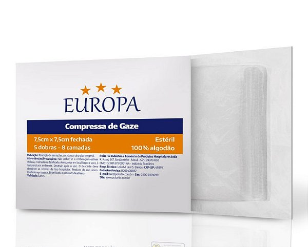 Kit C/20 Pacotes de Compressa de Gaze Estéril 7,5x7,5cm 13 Fios - Europa