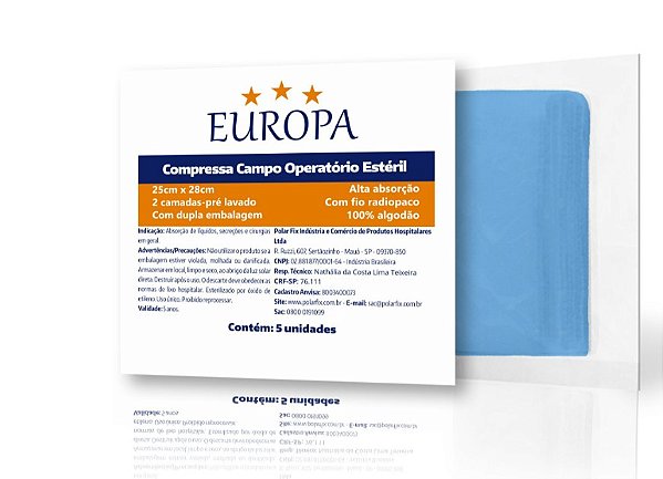 Compressa Cirúrgica Campo Operatório C/RX 25x28cm C/5 Unidades - Europa