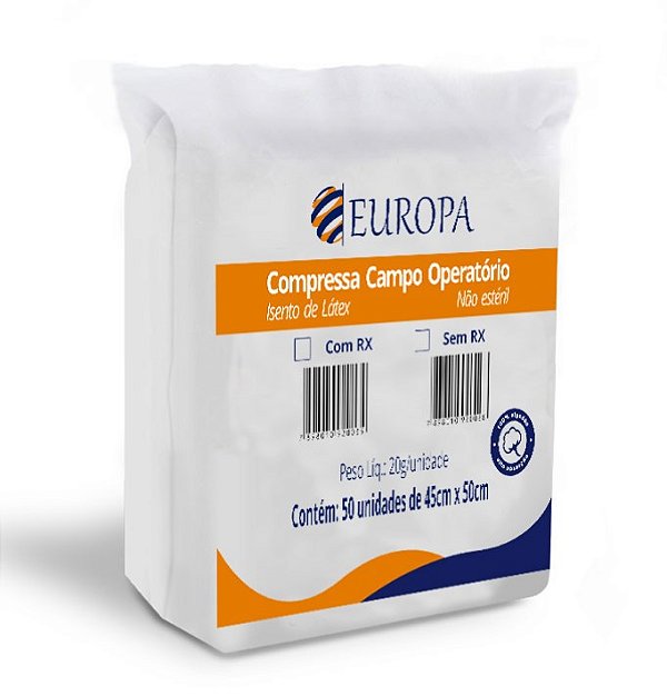 Compressa Campo Operatório Não Estéril S/RX 45cm x 50cm Pacote C/50 Unidades - Europa