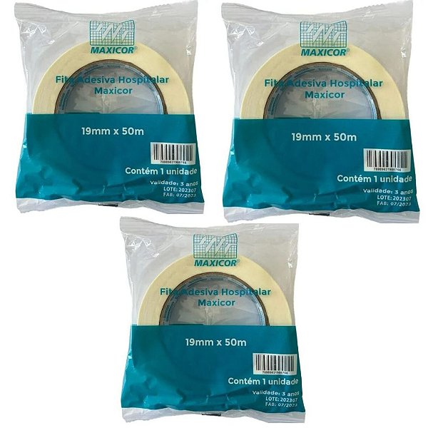 Kit C/3 Fitas Crepe Adesiva Hospitalar 19mm x 50 Metros - Maxicor