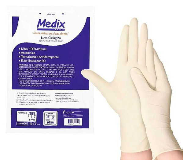 Kit 10 Pares de Luva Látex Cirúrgica 8,0 Estéril Com Pó - Medix