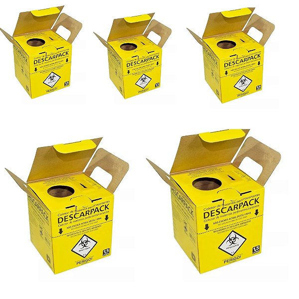 05 Caixas Coletoras de Materiais Perfuro Cortante 1,5L - Descarpack