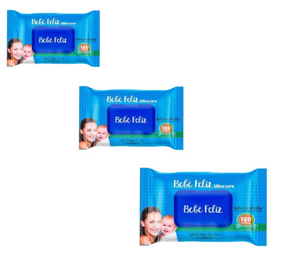 Kit C/3 Toalhas Umedecidas Bebê Feliz C/120 Unidades Cada 20cm x 13cm - Ultra Care