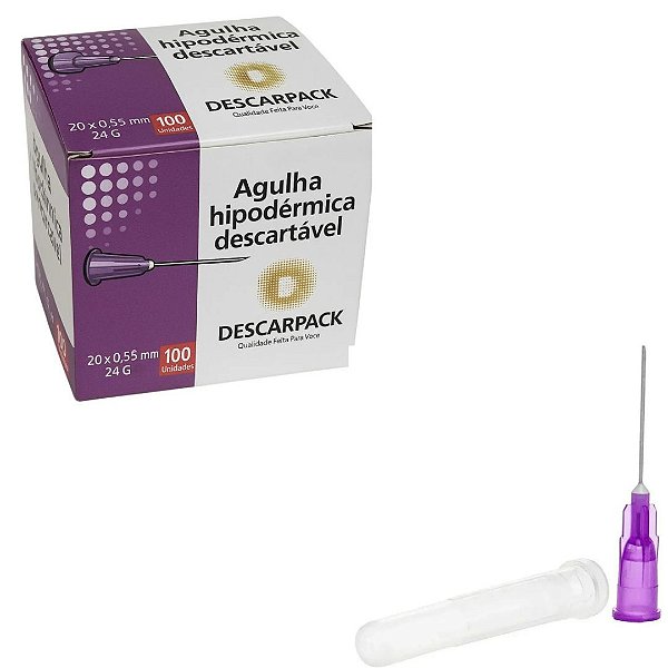 Agulha Hipodérmica Descartável 20x0,55mm (24g) Caixa C/100 Unidades - Descarpack