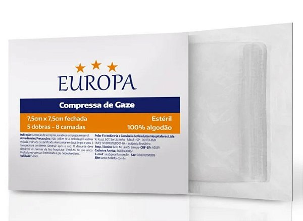 Compressa de Gaze Estéril 7,5x7,5cm 11 Fios Unidade - Europa