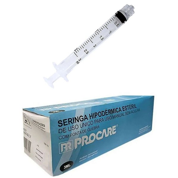 Seringa Hipodérmica 3ml Luer Lock (Rosca) Caixa C/100 Unidades - Procare