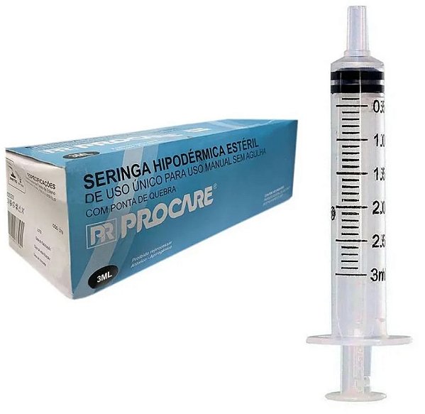 Seringa Hipodérmica 3ml Luer Slip (Liso) Caixa C/100 Unidades - Procare